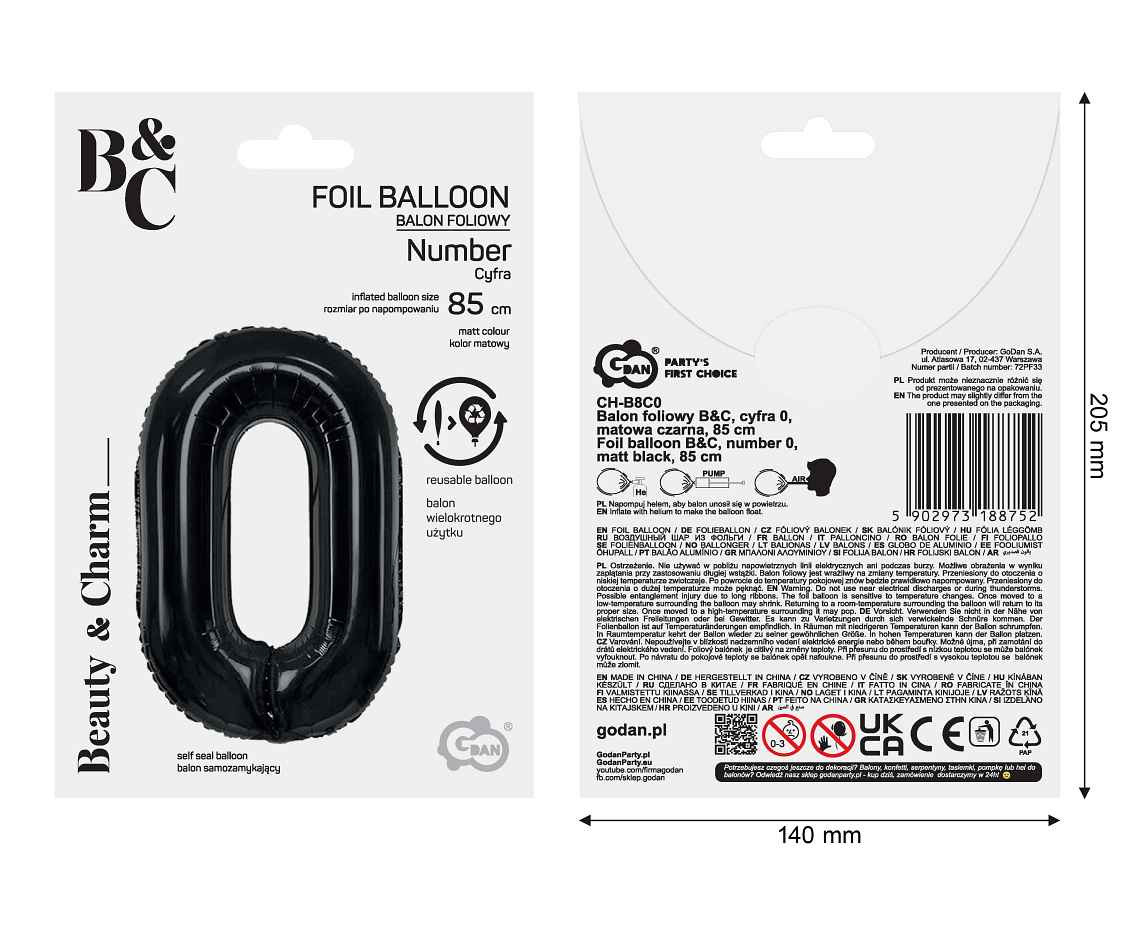Foil balloon B&C, number 0, matt black, 85 cm